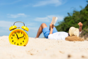 Handsome relaxed man happy beach and summer, freelance working social on holiday summer. Summer and Vacation Concept