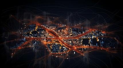 City map illustration, data visualization of urban traffic patterns and congestion