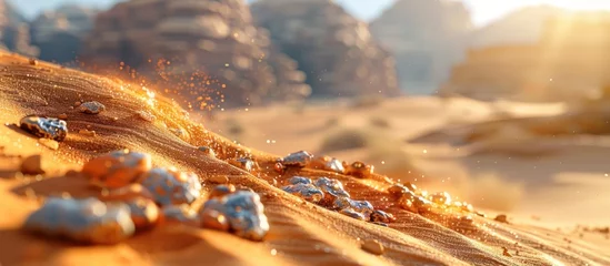 Poster Close-Up Desert Landscape Intricate Patterns of Sand Dunes and Rocks Basking in Natural Sunlight © Sittichok