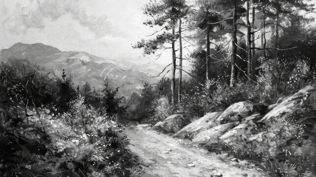 Journey into the Unknown. A Path Winding Through the Forest, Leading Up into the Majestic Mountains, Rendered in Captivating Black & White Tones.