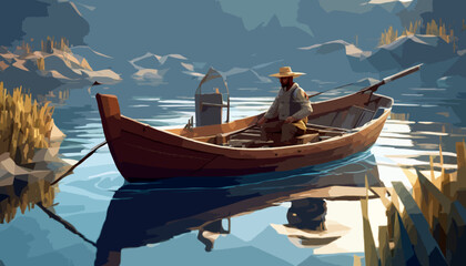 Ein Fischer in seinem Boot beim Angeln.  - obrazy, fototapety, plakaty