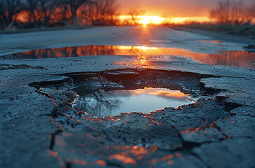 Sunset reflected in a water puddle on a cracked asphalt road.