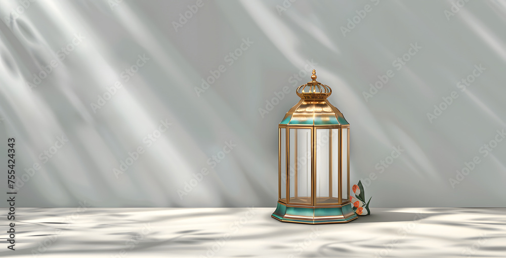 Sticker a gold lantern with a gold top sits on a white bokeh background. the lantern is the main focus of th