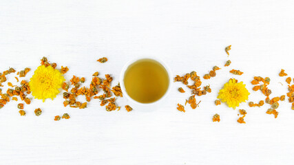 Obraz na płótnie Canvas Chrysanthemum tea and Chrysanthemum flower. Healthy beverage for drink. Herbs and medical concept.