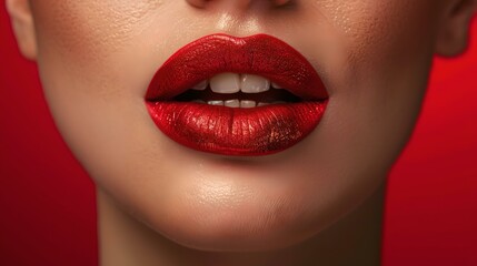 Close-up of glowing red lips on a woman. beauty and makeup concept. perfect for cosmetics ads. captivating and seductive. AI