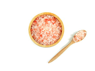 Pink organic himalaya salt on white background, Spa and wellness concept.