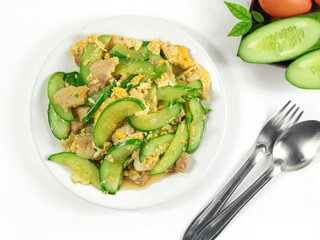 Stir-Fried cucumber and egg with oyster sauce, Thai food recipe.