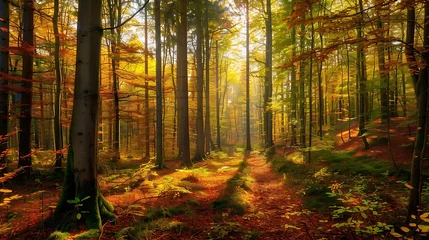 Foto op Aluminium A serene autumn forest pathway illuminated by golden sunlight filtering through the trees, creating a peaceful and magical woodland scene.  © Dionysus