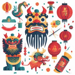 Clipart illustrations with various symbols of Chinese New Year on a white background
