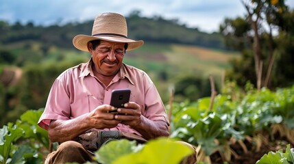 Naklejka na ściany i meble Mexican farmer using his smart mobile phone in the fields