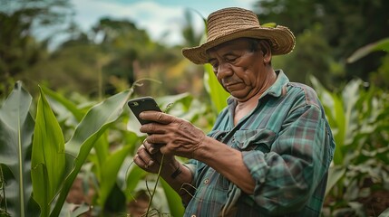 Mexican farmer using his smart mobile phone in the fields
