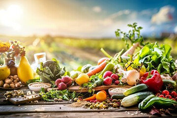 A vibrant display of fresh vegetables and fruits with a sunny farmland backdrop symbolizing healthy eating and agricultural abundance. 