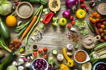 A vibrant top view of a variety of fresh vegetables and fruits spread out on a rustic wooden surface  - obrazy, fototapety, plakaty