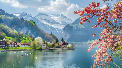  Serene springtime view of a tranquil lake with cherry blossom trees and a snow-capped mountain in the background  © Dionysus