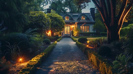 Peaceful evening view of a charming house with illuminated windows surrounded by a lush garden and...