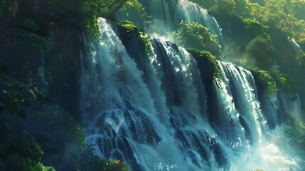 A majestic waterfall cascades through lush green foliage in a serene tropical forest setting.  - obrazy, fototapety, plakaty