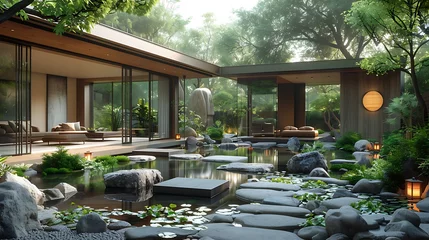 Foto op Canvas Lush garden of a modern house with glass walls overlooking a serene pond with stepping stones and greenery at dawn.  © Dionysus