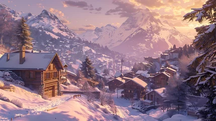 Zelfklevend Fotobehang A picturesque winter scene of a cozy village with snow-covered chalets against a backdrop of majestic mountains during sunset  © Dionysus