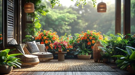 Cozy patio setting with wicker furniture and vibrant flowers surrounded by lush greenery at sunrise or sunset, evoking a peaceful outdoor retreat. 