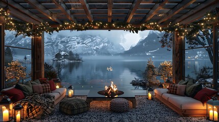 Cozy winter evening at a lakeside cabin with festive decorations and a roaring fire pit, offering a serene view of snow-capped mountains and tranquil waters. 