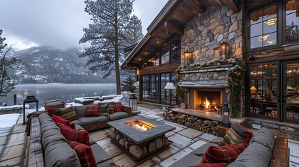 Majestic lakeside cabin adorned with festive decorations under a wintry sky, boasting an inviting outdoor fireplace and plush seating area. 