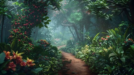 A mystical forest path lined with vibrant flowers and lush foliage under a hazy, magical light 
