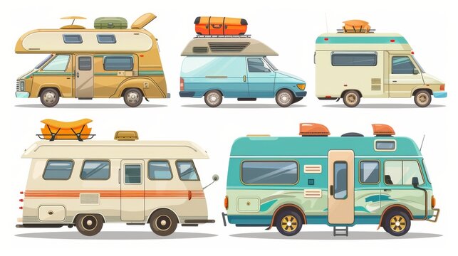 The image shows a camper van with luggage on top and an open door for a family vacation. There is a modern illustration of camping car and motorhome for a summer vacation. There is also a vintage rv