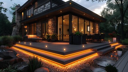 Modern house exterior with illuminated deck lit up at twilight 