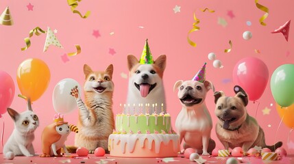 Group of cute  pets with birthday hats and balloons on  pink background,adorable team of many party pets with birthday caps standing, sitting and lying
