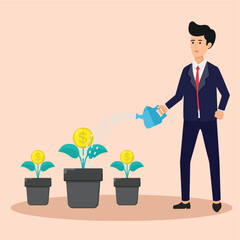 Businessman watering money coin tree.businessman developing his business, vector illustration