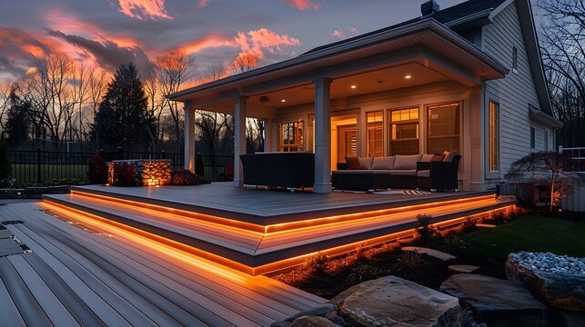 Modern home exterior at dusk with illuminated deck lights and a colorful sunset sky 