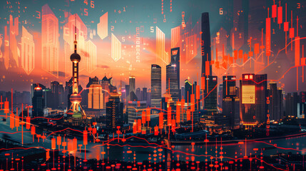 Shanghai China business skyline with stock exchange trading chart double exposure, Asia trading stock market digital concept - obrazy, fototapety, plakaty