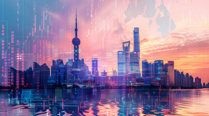 Shanghai China business skyline with stock exchange trading chart double exposure, Asia trading stock market digital concept - obrazy, fototapety, plakaty