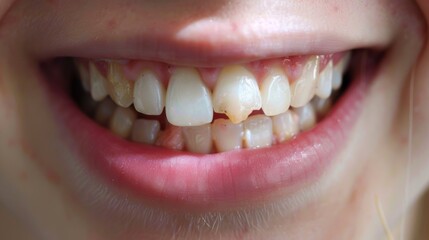 Obraz premium Closeup open mouth with very bad crooked teeth, caries. Dental problems with oral hygiene. 