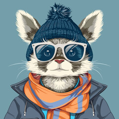 Funny cartoon vector illustration hipster animal in clothes.