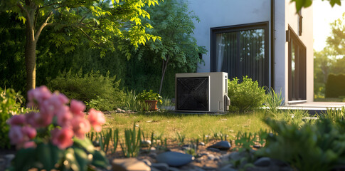 A white air conditioner is in a grassy area. The air conditioner is on the ground and surrounded by grass
