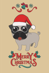 Cute Pug Christmas greetings card Vector design with Xmas Ornaments