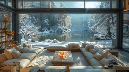 A cozy modern living room with a stunning view of a serene snow-covered forest and lake through large windows, basking in the warm glow of the morning sun  - Powered by Adobe