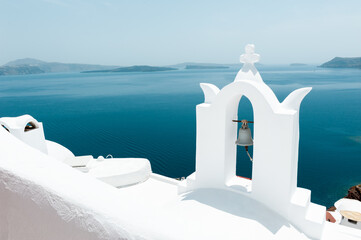 White architecture in Santorini island, Greece. Beautiful sea view at sunny day.