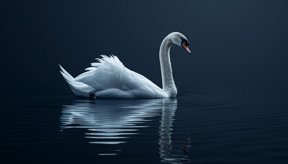 Elegant Swan on Dark Blue Water at Night