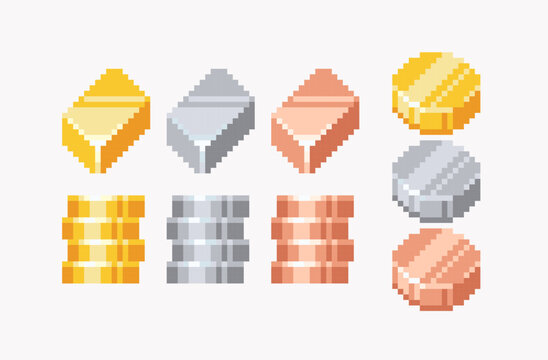 Gold, silver and bronze bars and coins pixel art set. Metallic ingots and medals collection. 8 bit. Game development, mobile app. Isolated vector illustration. 