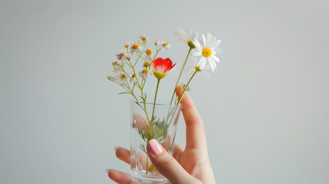 Close-up of a hand holding a glass vase with fresh wildflowers. simple elegance and a touch of nature's beauty on a neutral background. perfect for home decor or natural themes. AI