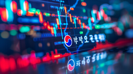 South Korea flag with stock exchange trading chart double exposure, Seoul Asian trading stock market digital concept - obrazy, fototapety, plakaty