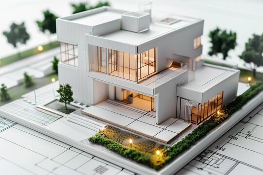 maquette de maison moderne pos&eacute;e sur des plans, fond blanc, illustration ia g&eacute;n&eacute;rative