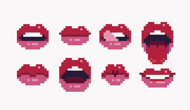 Red glossy red lips pixel art set. Women mouth expressions collection. 8 bit. Game development, mobile app. Isolated vector illustration. 
