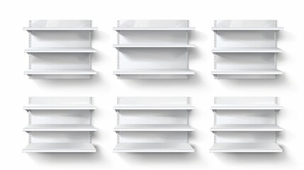 A blank shelf mockup of a supermarket shelf filled with shelves for displaying products. A realistic 3D modern illustration of a bookcase stand at different angles.