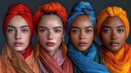 Four diverse women with colorful headscarves pose together in a portrait demonstrating unity and cultural diversity  - obrazy, fototapety, plakaty
