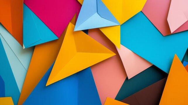 An abstract composition of colorful paper cutouts arranged in a geometric pattern