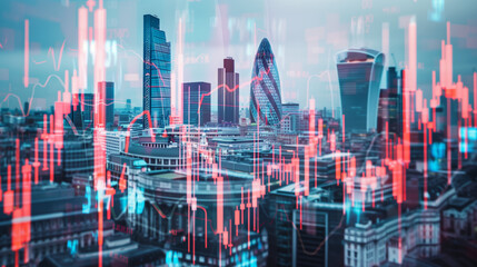 London business skyline with stock exchange trading chart double exposure, British UK English trading stock market digital concept