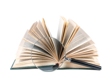 fold-out book and magnifying glass isolated on white background